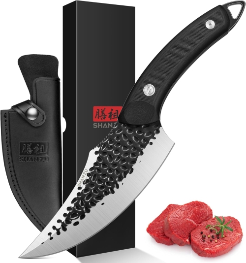 Cutit profesional Shan Zu Rhino, 15 cm, cu teaca din piele, Negru