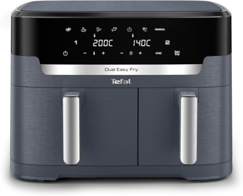 Friteuza cu aer cald Tefal Dual Easy Fry EY942BE0, 2700 W, 11 litri, un cos 6.5 L, un cos 4.5 L, 7 programe, ecran touch, Gri