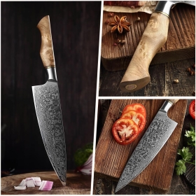 Cutitul bucatarului HEZHEN 21 cm, otel damascus, maner din lemn de artar cu mozaic, ergonomic, Maro/Argintiu