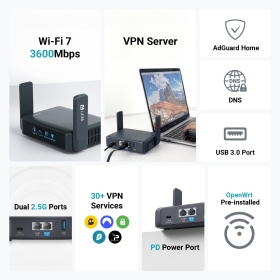 Router portabil GL.iNet Slate 7 GL-BE3600, Gigabit, Wi-Fi 7, Dual-Band, OpenVPN si Wireguard pentru Wi-Fi public/Wi-Fi hotelier, Negru