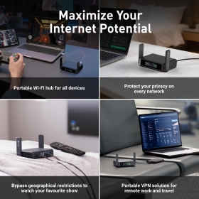 Router portabil GL.iNet Slate 7 GL-BE3600, Gigabit, Wi-Fi 7, Dual-Band, OpenVPN si Wireguard pentru Wi-Fi public/Wi-Fi hotelier, Negru