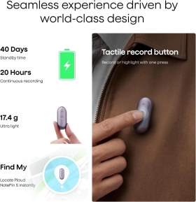 Reportofon AI Plaud NotePin S 64GB, Bluetooth 5, autonomie 20h, ultra-compact, mov